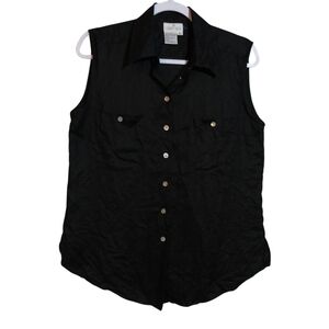Carry Back Deep Black Linen Sleeveless Button Up Top Vacation Natural Size L